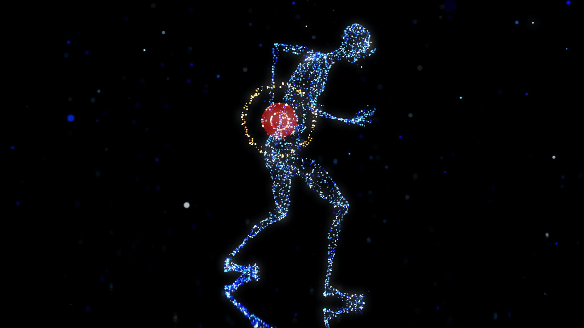 A glowing, abstract human figure composed of blue and white dots bends forward, holding its lower back, with a red and yellow target highlighting back pain against a black background—See Our AMAZING Results For Chronic Low Back Pain.