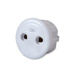 A round, white Socket Safety Adapter Connector (Europe) with two circular plug holes is shown front-facing against a plain background. The word bio appears above the holes.