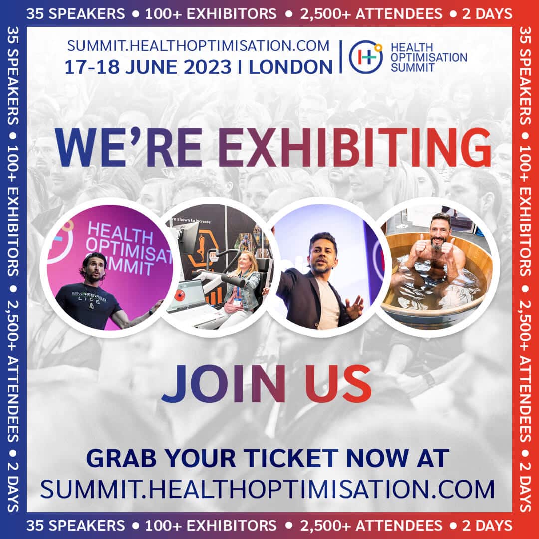 Promotional graphic for the Health Optimisation Summit 2023 in London, featuring event details, photos of past exhibitors, and a call to action to grab your tickets now at summit.healthoptimisation.com.
