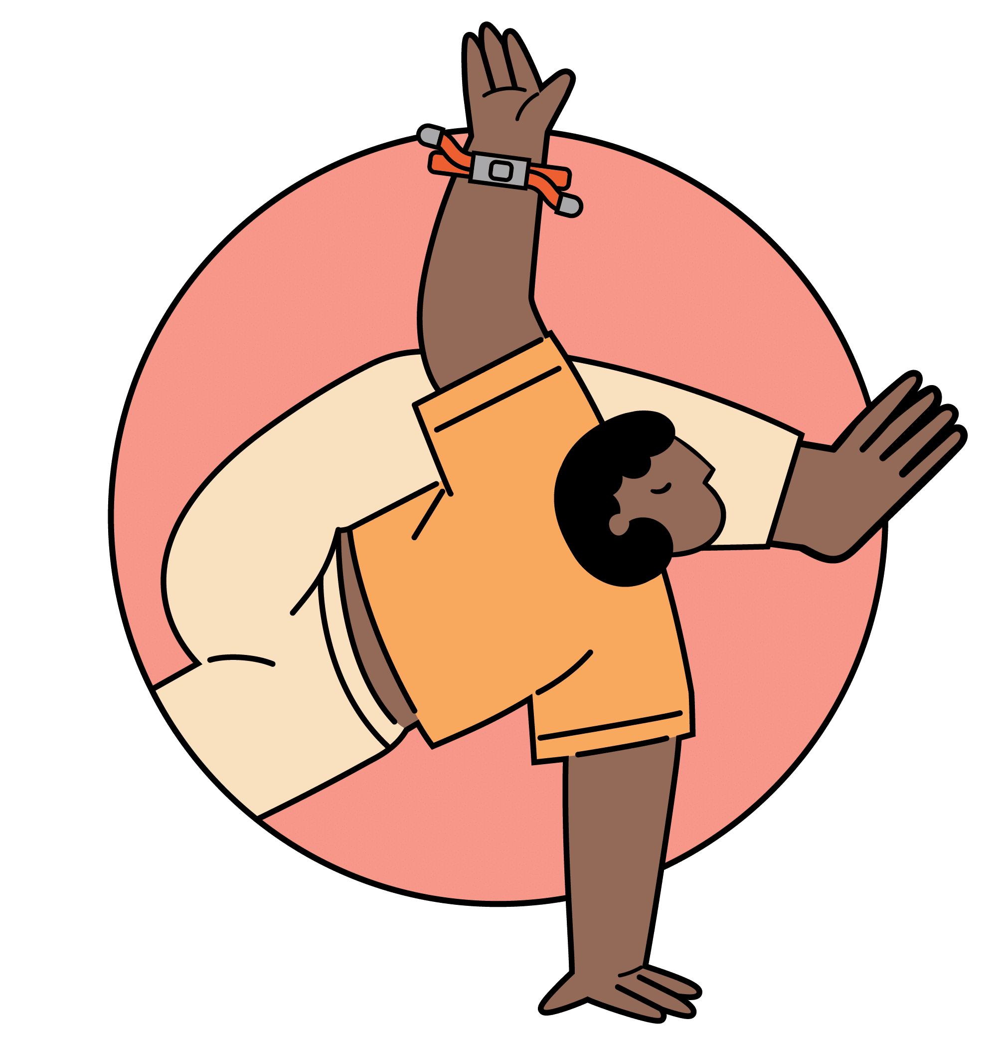 A person with dark hair in a yellow shirt and beige pants performs a twisting yoga pose against a pink circle, wearing an Earthband PEMF Bracelet on one wrist.