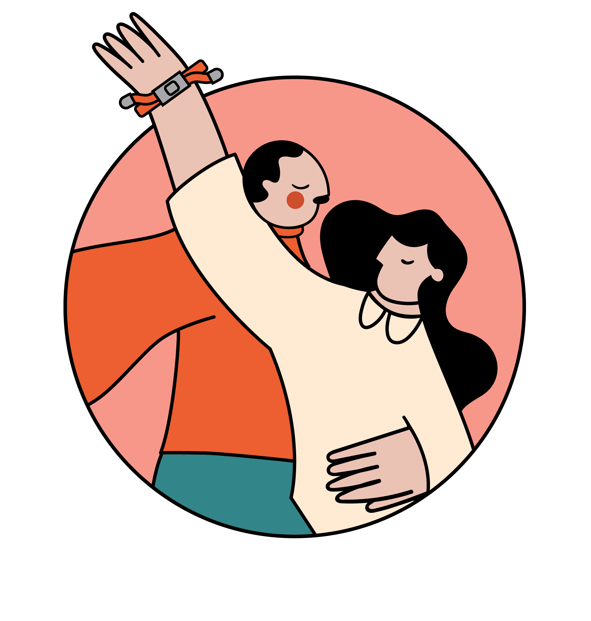 An illustration of a joyful couple dancing—one in an orange shirt, the other in a cream top raising their arm—set against a pink circle, inspired by the uplifting energy of the Earthband PEMF Bracelet.