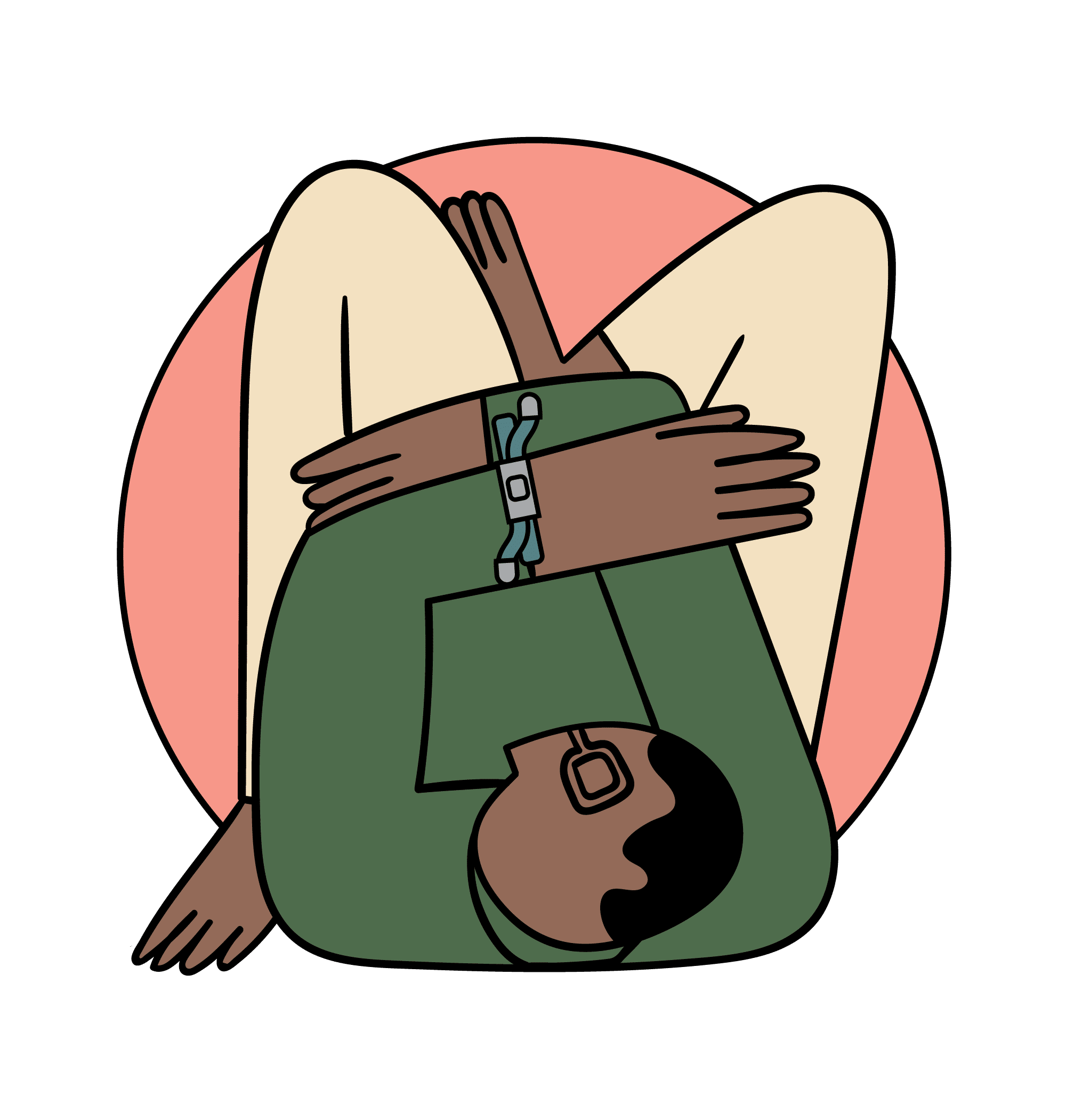A person using the Earthband PEMF Bracelet lies on their back with knees bent, hugging their legs to their chest, wearing a green top and beige pants, against a pink circular background.