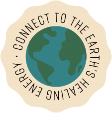 A stylized earth illustration is surrounded by a beige border with the words Connect to the Earths Healing Energy written around it in a circular pattern.