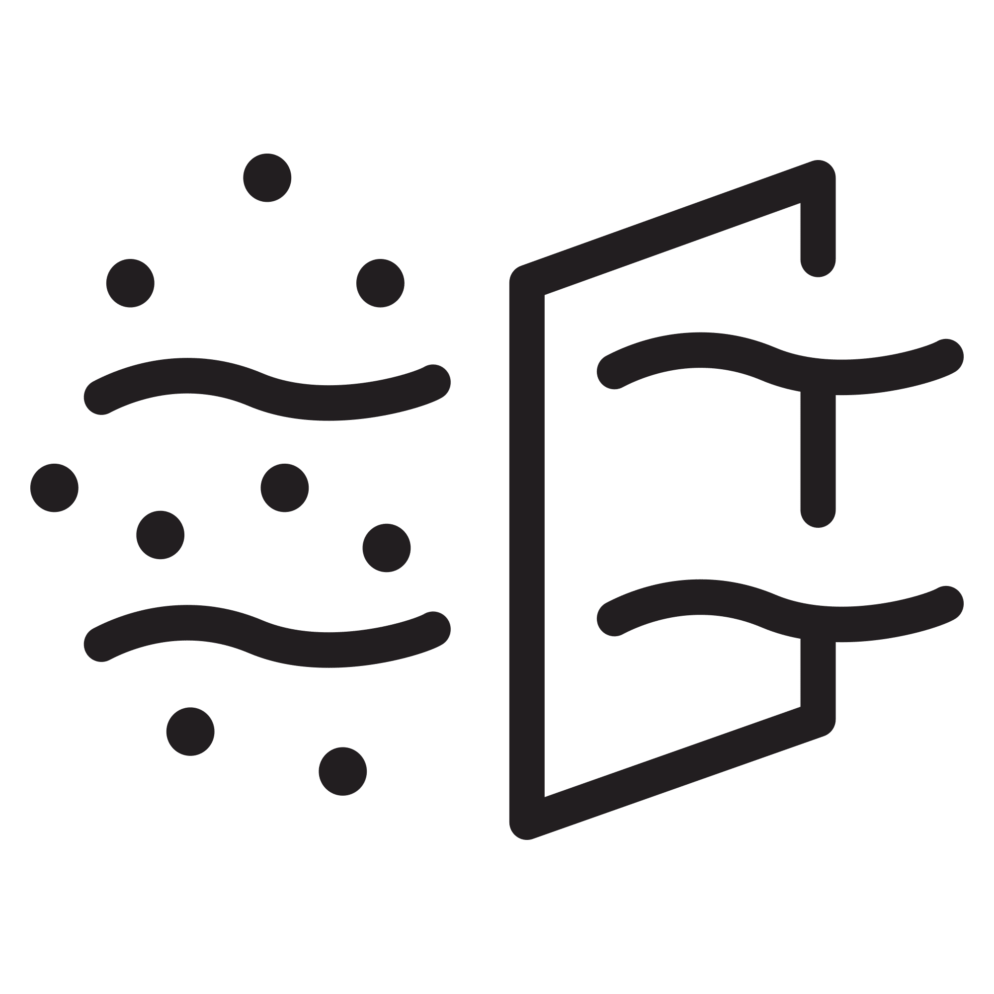 An icon showing dots and wavy lines passing through a filter, representing air purification or filtration—a symbol of the BeGrounded commitment to cleaner, healthier spaces.