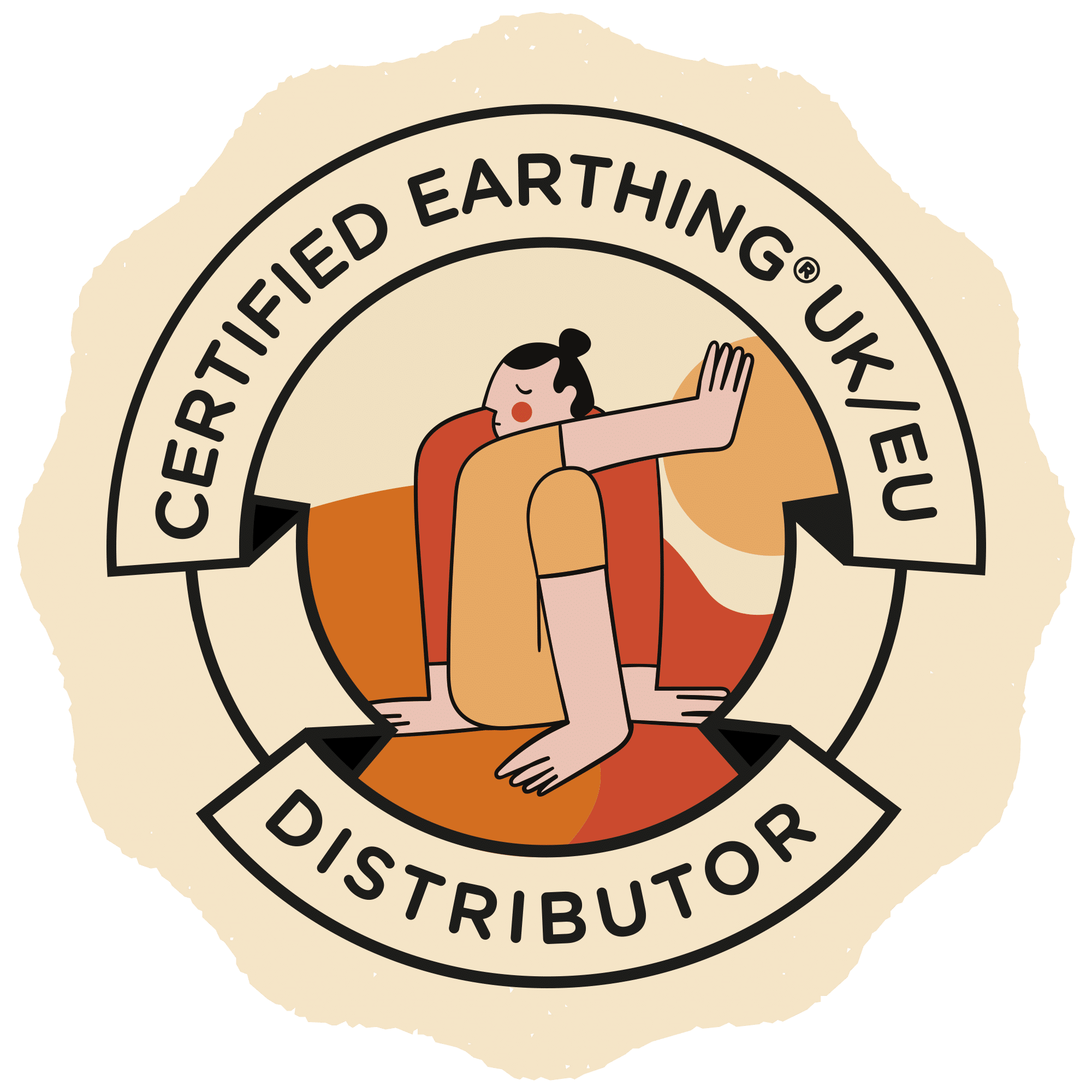 A circular badge with the text Certified Earthing® UK/EU Distributor surrounds an abstract illustration of a person sitting cross-legged with one arm raised, set against earth-toned shapes.