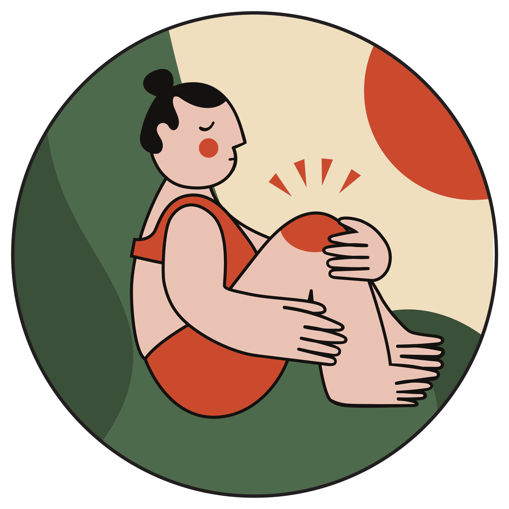 Illustration of a person sitting with their knees drawn up, holding one knee with both hands. Red lines near the knee suggest pain or discomfort. The background features green and beige with a red circle.