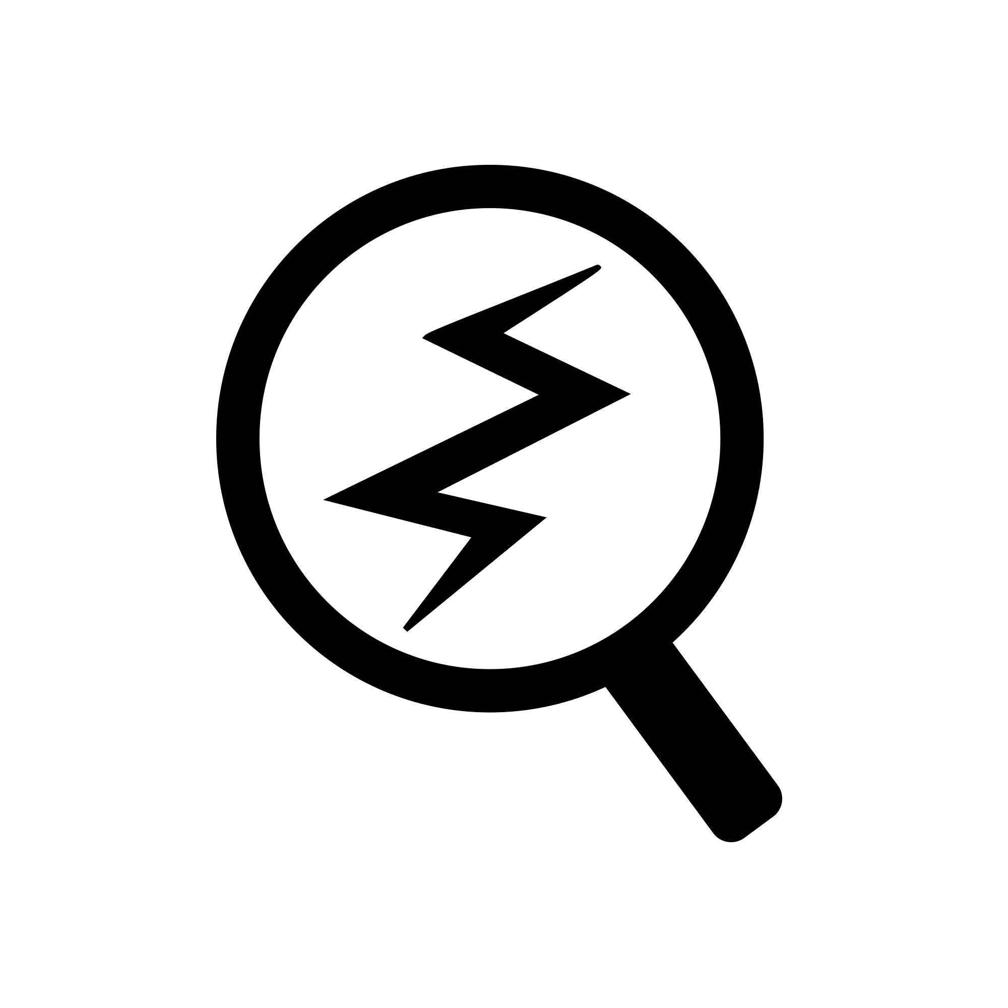 A black magnifying glass icon with a jagged lightning bolt shape inside the lens, representing the BeGrounded theme, on a transparent background.