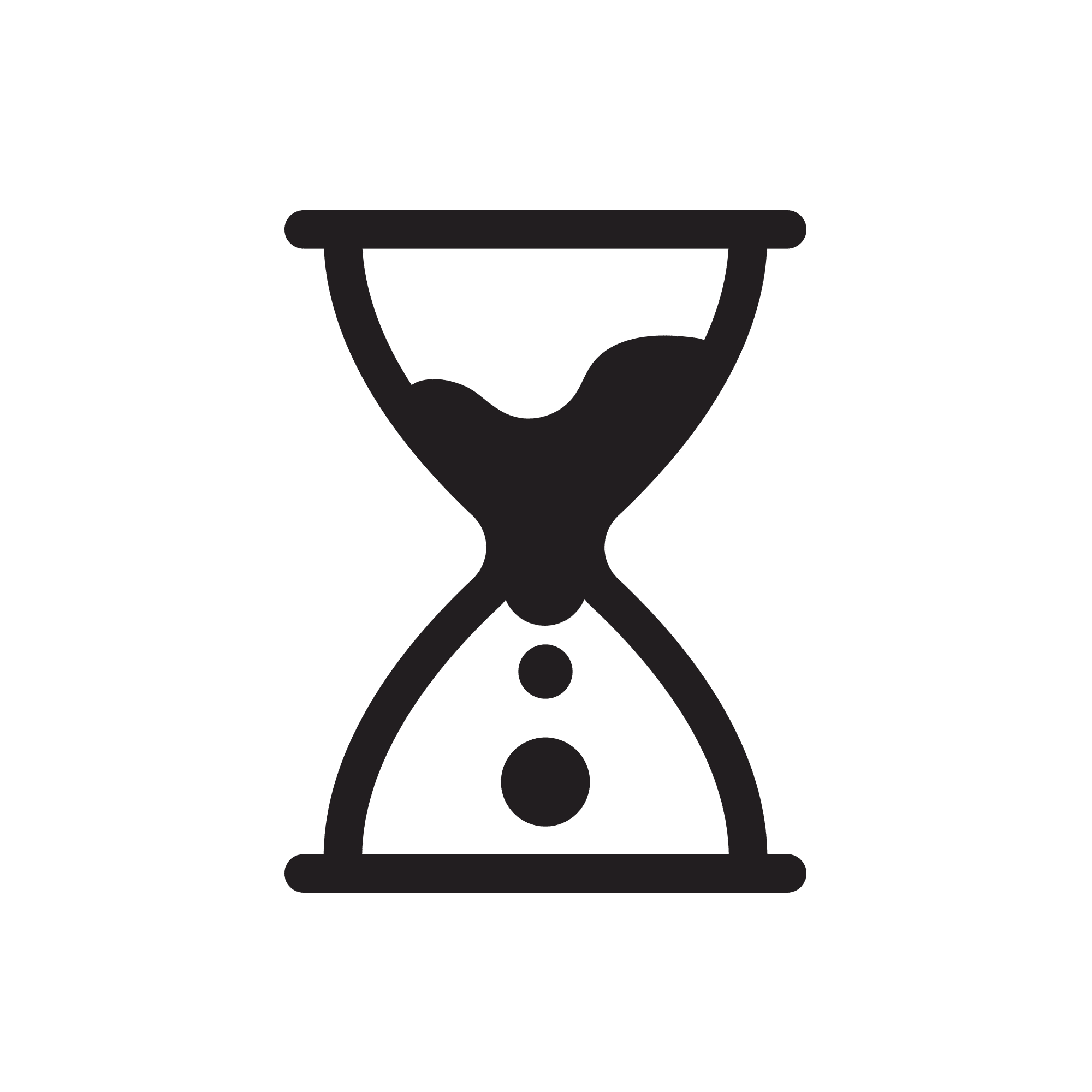 A black hourglass icon with sand flowing from the top chamber to the bottom, set against a transparent background—perfect for adding a subtle BeGrounded touch to your designs.