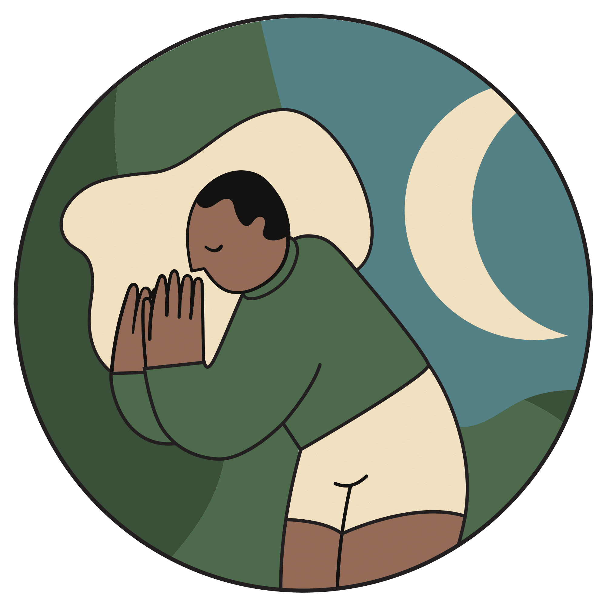 A person with short hair, wearing a green top and beige shorts, stands with hands pressed together under their cheek, appearing to sleep. Behind them are hills, a crescent moon, and a blue night sky.