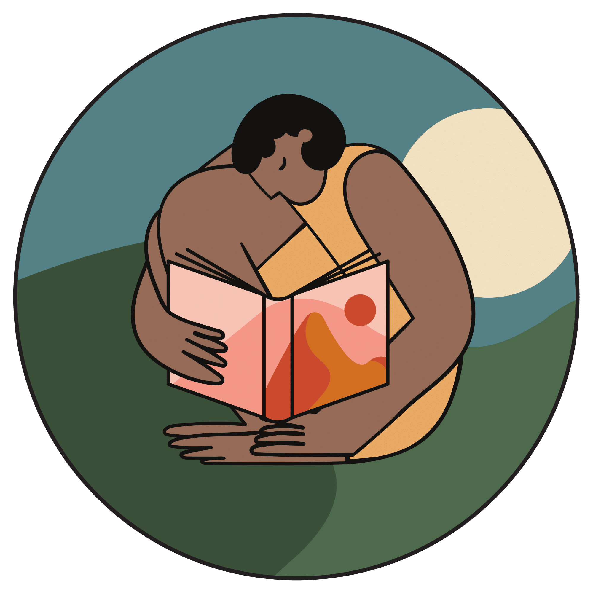 An abstract illustration of a person sitting outdoors, reading a book with an orange and red cover. The background shows rolling green hills, a large pale sun, and a blue sky.