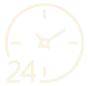 A simple line drawing of a clock showing the time as 10:10, with the number 24 in large font overlapping the bottom left of the clock, indicating 24-hour availability or service.